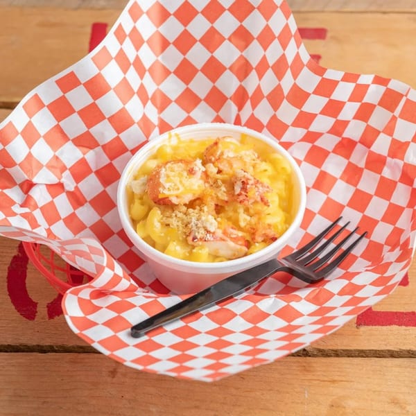 Lobster mac and cheese in a white cup with a fork, on red and white checkered paper.